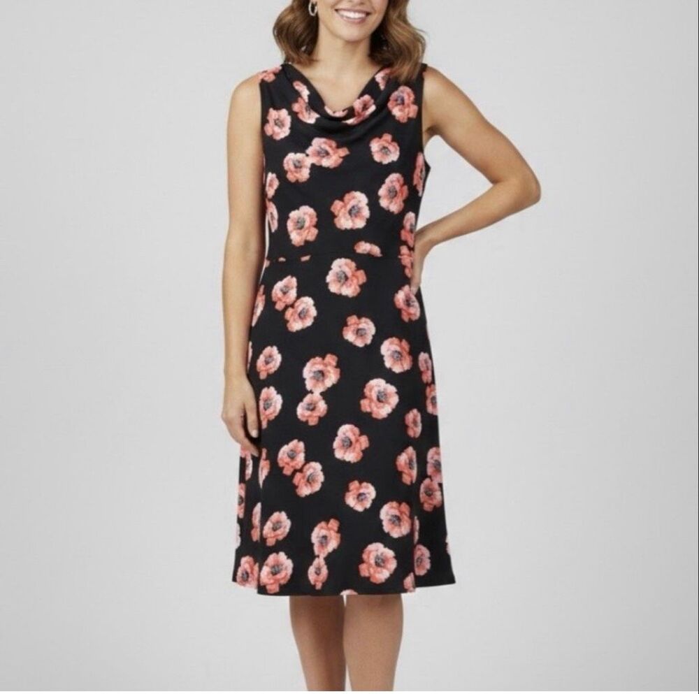 Talbots Black Coral poppy Floral Print Dress Drape Neck size 16P
